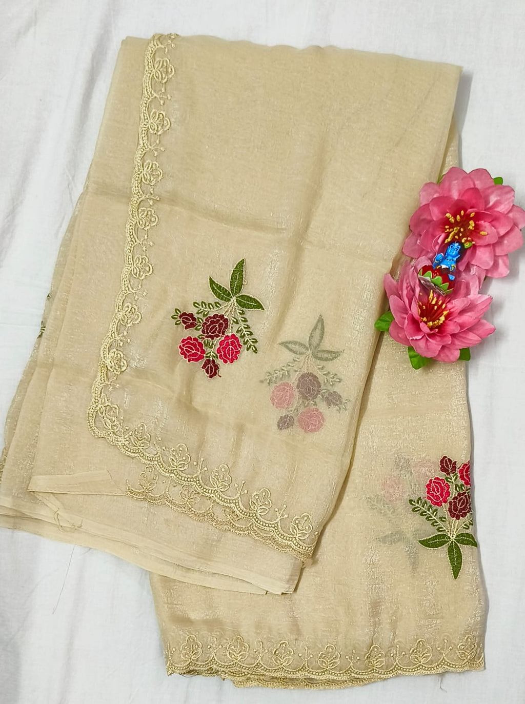 Creamy white and Red Tissue Linen Saree Embroider Work