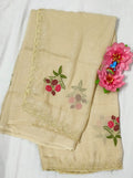 Creamy white and Red Tissue Linen Saree Embroider Work