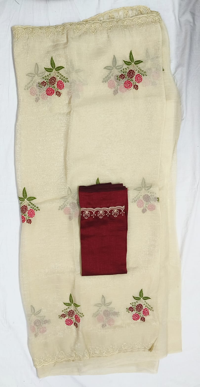 Creamy white and Red Tissue Linen Saree Embroider Work