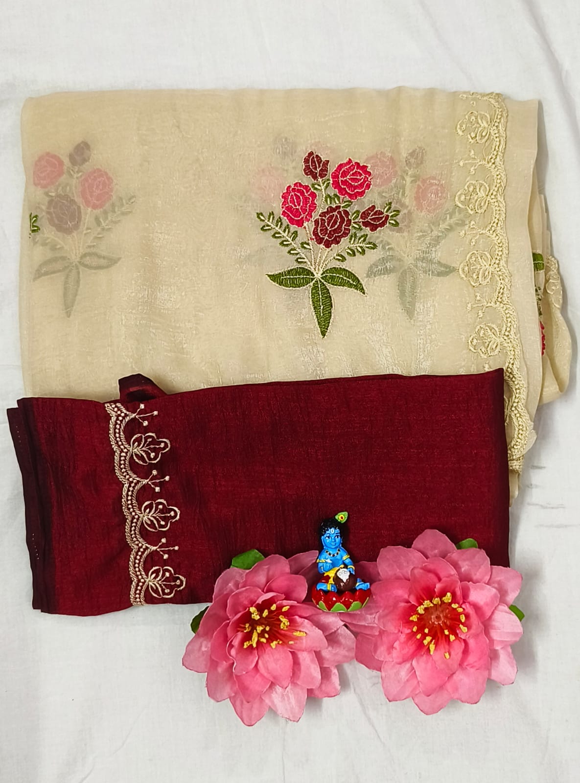 Creamy white and Red Tissue Linen Saree Embroider Work