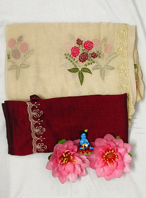 Creamy white and Red Tissue Linen Saree Embroider Work